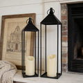 22" 19" Modern Farmhouse Candle Lantern Decor Set of 2 Large Black Metal Candle Lanterns with Flameless Candles, Lanterns Decorative Indoor for Fireplace Mantle Table Outdoor Lanterns for Patio Porch by Unknown