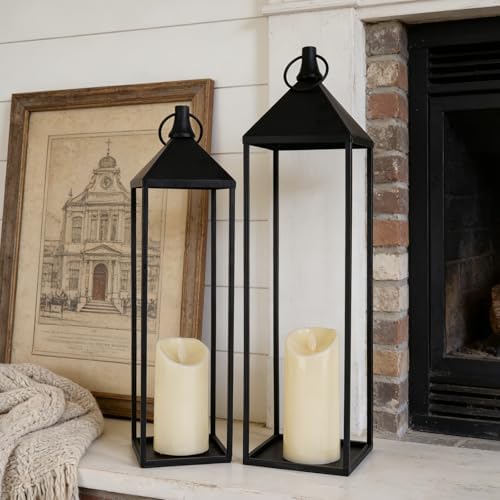 22" 19" Modern Farmhouse Candle Lantern Decor Set of 2 Large Black Metal Candle Lanterns with Flameless Candles, Lanterns Decorative Indoor for Fireplace Mantle Table Outdoor Lanterns for Patio Porch by Unknown