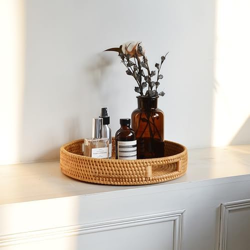2 Pack Round Rattan Tray, Hand Woven Serving Tray with Handles, Wicker Serving Basket, Decorative Tray for Home Decor, Natural (11.8 + 14 inch) - Image 4