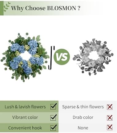 BLOSMON Hydrangea Wreaths for Front Door, 26 Inch, Dusty Blue, with Hanger - Image 2