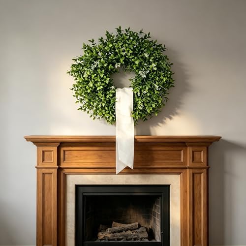 26 Inch Artificial Eucalyptus Wreath for Front Door - All Season Greenery Wreath with White Flowers, Farmhouse Spring Summer Fall Winter Decor, Indoor Outdoor Home Wall Porch Decoration - Image 6