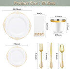 Bestluck 350PCS White and Gold Plastic Plates for 50 Guests, Disposable Dinnerware Set Includes 100 Disposable Plates, 150 Gold Silverware, 50 Cups, 50 Napkins for Party, Wedding - Image 2
