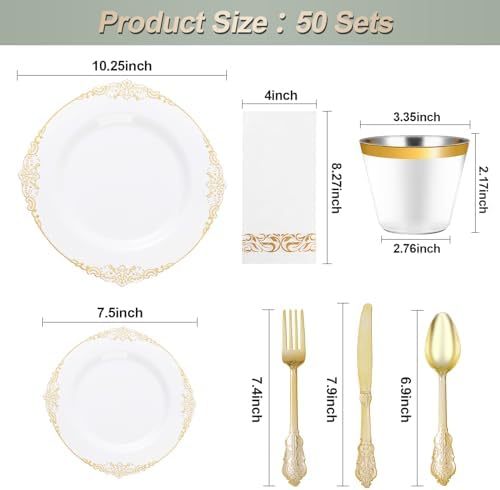 Bestluck 350PCS White and Gold Plastic Plates for 50 Guests, Disposable Dinnerware Set Includes 100 Disposable Plates, 150 Gold Silverware, 50 Cups, 50 Napkins for Party, Wedding - Image 2