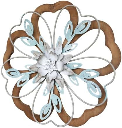 Remenna Metal Flowers Wall Decor, Rustic Floral Art, White & Blue, Farmhouse Hanging Decoration for Living Room, Bathroom, Garden - Image 3