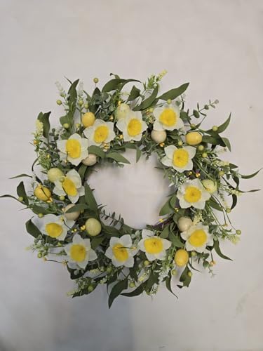 NeoL'artes 22inch Large Spring Wreath with Daffodil and Easter Eggs, 55cm Artificial Door Grapevine Wreath for Spring and Summer Indoor Outdoor Porch by NeoL%27artes