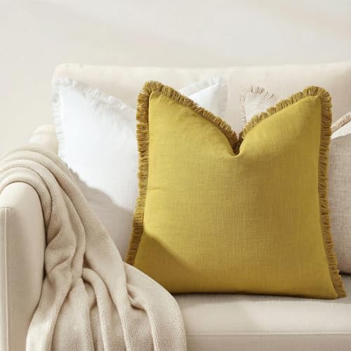 decorUhome Linen Fringe Mustard Yellow Throw Pillow Covers 18x18 Set of 2 - Image 7