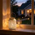 Rustic Metal Hanging Lantern, 8.66" H Vintage Distressed Gold Firework Cutout Decorative Lantern for Indoor Outdoor Use, Tabletop Patio Wedding Centerpiece, Fits Pillar & LED Candles - Image 4