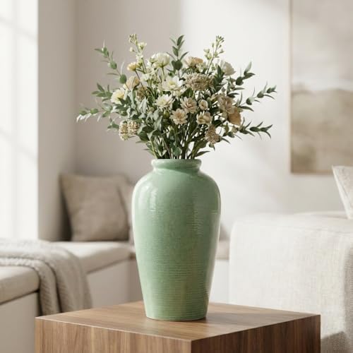Green Ceramic Vase - 11 Inch Tall Modern Flower Vase for Pampas Grass, Pottery Decorative Vase for Centerpieces, Farmhouse Decor, Living Room, Kitchen, Shelf, Table Decor - Image 4