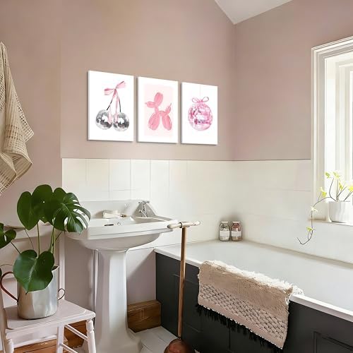 Framed Pink Disco Ball Wall Art Set of 3, Cute Cherry with Bows and Balloon Dog Posters Print, Trendy Pink Aesthetic Party Wall Decor for Teen Girls Bedroom Dorm Apartment 16x24 inch - Image 5