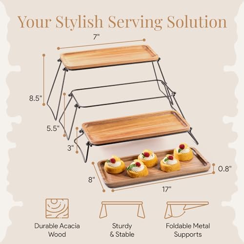 Homesphere 3 Tiered Tray Stand - Acacia Wood 3 Tier Serving Tray, Cupcake, Cake, Charcuterie Boards & Food Stand, Dessert Table Display Set, Wooden Party Serving Platters with Foldable Metal Supports - Image 4