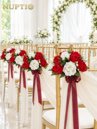 NUPTIO Pcs of 6 Fake Flower Ball Arrangement Bouquet,15 Heads Plastic Roses with Base, Suitable for Our Store's Wedding Centerpiece Flower Rack for Parties Valentine's Day Home Décor (Red & White) - Image 6