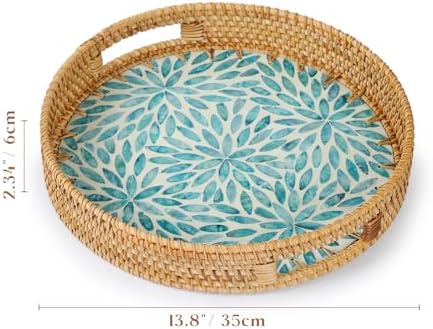YANGQIHOME Round Rattan Tray with Handle, Mother of Pearl Inlay Decorative Wicker Basket for Coffee, Bread, Fruits, Serving Tray for Home Decor, Blue Flower - Image 3