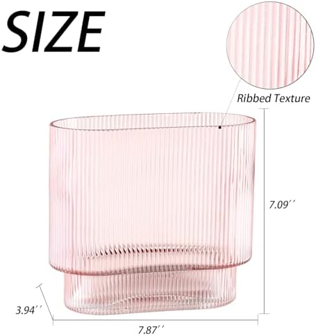 Ribbed Glass Vase, Pink Glass Vase, Fluted Short Vases for Flowers, Modern Vases for Living Room, Dining Room, Bathroom, Desk, Shelf, Wedding, Office, 7 Inches - Image 2