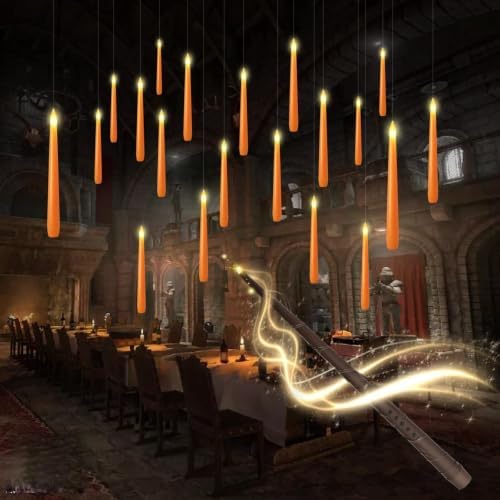 kakoya Flameless Floating Candles with Wand，20 Pcs Magic LED Hanging Taper Candles，Flickering Battery Operated Taper Candle with Wand Remote for Halloween Decorations Best Gift(Orange) by FLAMELESSCANDLES