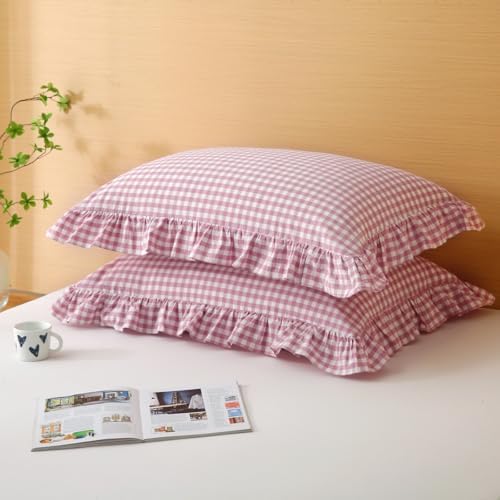 Silnuo Vintage Pink/White Gingham Ruffled Queen Size Pillow Shams Set of 2 - Image 7