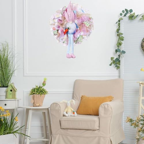 Easter Wreaths for Front Door with Lights,Easter Door Wreath,Easter Mesh Wreath,Bunny Spring Colorful Easter Decorations Holiday Ornament for Home Indoor Outdoor Supplies (Pink Long Leg) - Image 4
