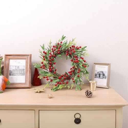 SHACOS Artificial Christmas Wreath 14" Set of 2 Small Winter Wreaths Pine Red Berries Xmas Decoration for Home Window Kitchen Cabinet Door Holiday Wreath, Red Green - Image 5
