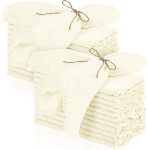 TURSTIN 24 Pieces Cotton Linen Cloth Napkin Handmade Cloth Napkin with Fringe 17 x 17 Inch Soft Cloth Dinner Wedding Napkin Square Rustic Fringe Table Napkin for Dinners, Parties, Weddings, Ivory by TURSTIN