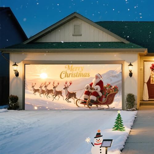 Christmas Garage Door Banner Cover – Santa Claus Sleigh & Reindeer Outdoor Holiday Mural, Large Waterproof Reusable Xmas Garage Decoration Backdrop for Party Décor,16 x 7ft/4.8 x 2.1m - Image 5