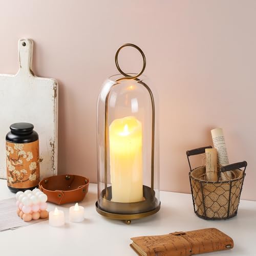 16" High Versatile Modern Metal Hurricane Lantern with Handmade Sturdy Glass Dome in Antique Brass for Pillar Candle & Plants, Industrial, Farmhouse, Shabby Chic (Brass, 6.3"x16.5") - Image 5