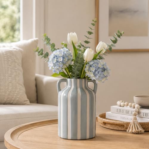 SURE YUESI Grey Ceramic Vase with Handles, Modern Farmhouse Striped Decorative Vase, 9.1" Art Deco Tall Flower Vases for Pampas Grass, Shelf Decor, Dining Table Centerpiece, Living Room Home Decor - Image 5