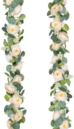 Uguisu 2Pcs Artificial Garland with Roses, 5.9ft Greenery Eucalyptus Garland for Wedding, Party, Mantel, Table, Indoor and Outdoor Decoration. Champagne by Uguisu