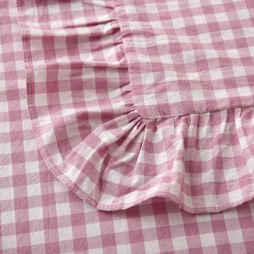 Silnuo Vintage Pink/White Gingham Ruffled Queen Size Pillow Shams Set of 2 - Image 4