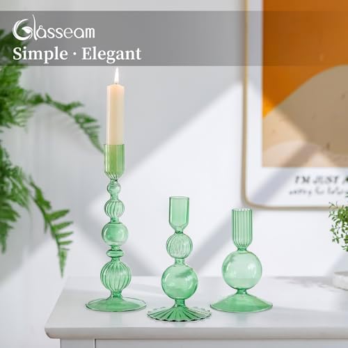 Glasseam Green Glass Taper Candle Holder, 3Pcs Unique Candlestick for Table - Image 2