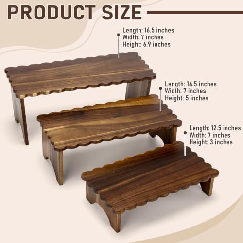 Rtteri 3 Set Scalloped Wooden Cupcake Stand Rustic Home Wood Riser 3 Tier - Image 2