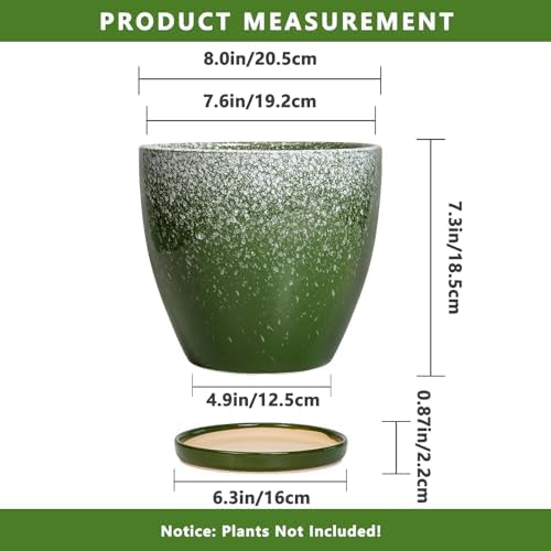 Ceramic Pots for Plants - 8 Inch Planter for Indoor Outdoor Plants, Round Planter, Large Flower Pot with Drainage and Saucer, Home Room Garden Office Decor, Birthday Gifts, Green - Image 3