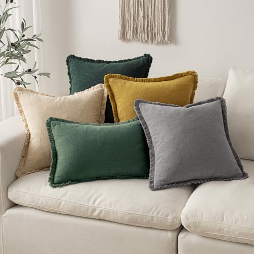 MIULEE Boho Linen Fringe Decorative Throw Pillow Covers Army Green 18x18 - Image 6