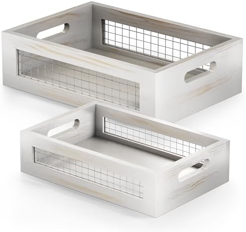 Wooden Countertop Baskets Set of 2 for Kitchen, Bathroom, Pantry|Wall Mount Upgrade with Full Accessories| Rustic Nesting Boxes|Wooden Organizer Crates for Fruit, Vegetables, Produce, Bread by NAGAWOOD