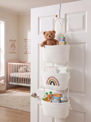 Over the Door Hanging Basket for Organizing 3 Tiers Woven Cotton Rope Wall Mount Storage basket Decorative Kitchen Hanging Organizer Bathroom include 1 door hook Rainbow White - Image 2