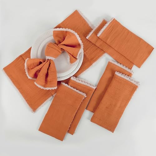 FINGERCRAFT Lace Cloth Napkins, Cotton Gauze, Set of 12, 20x20 Inch,Rust - Image 2
