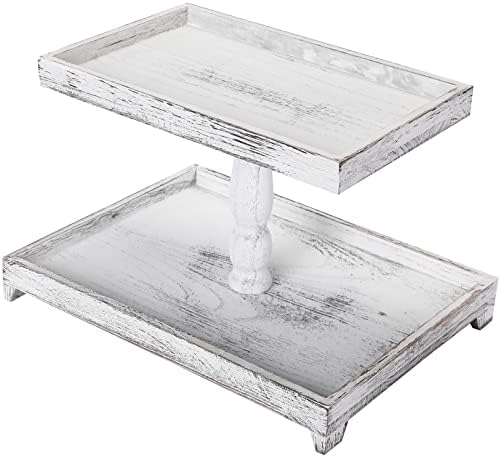 Yalikop Farmhouse 2 Tiered Tray Stand, Rustic Wooden, White by Yalikop