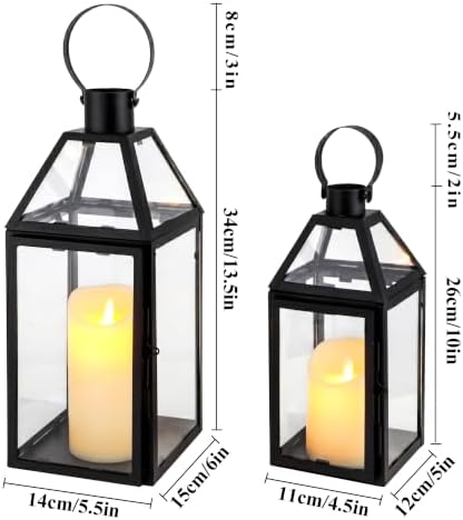 TRIROCKS Set of 2 Black Decorative Lanterns 13"&10" H Metal Candle Holders with Tempered Glass for Christmas Home Decor Living Room Parties Wedding Halloween Tabletop Indoors Outdoors - Image 3