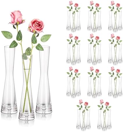 Hewory Glass Bud Vases for Centerpieces Set of 36, Handmade Modern Clear Small Skinny Decorative Single Flower Vase, Minimalist Slim Floral Vase for Home Wedding Party Events Table Decor, 7.87" by Hewory