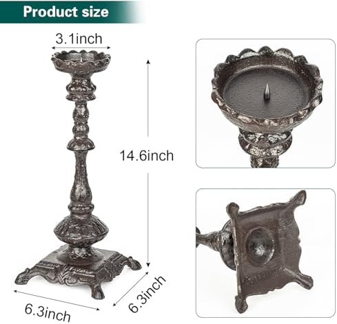 Sungmor Heavy Duty Cast Iron Candlestick Holders - Handcrafted Vintage Candelabra - 37CM/15Inch Tall 1-Head Candle Holder - Decorative Pillar Candle Stand for Christmas Birthday Wedding Home Party - Image 6