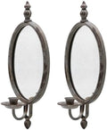 SOFFEE DESIGN 2PCS Antique Metal Candle Sconces Candlestick Holder Wall Mounted Distressed with Oval Faded-Looking Mirror by SOFFEEDESIGN