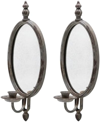 SOFFEE DESIGN 2PCS Antique Metal Candle Sconces Candlestick Holder Wall Mounted Distressed with Oval Faded-Looking Mirror by SOFFEEDESIGN