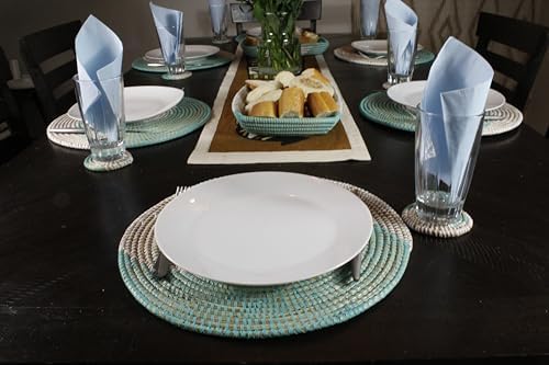 Senegal Placemats/African Bohemian Woven Seagrass Placemats/Natural Wicker Round Basket Placemats/Decorative Hanging Wicker Plates/Hanging Wall Decor (Light Blue & White) - Image 3