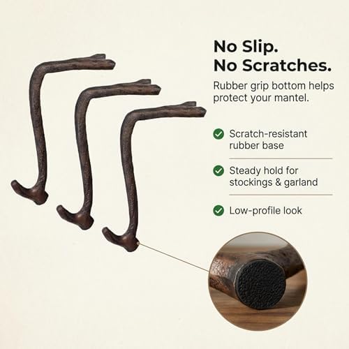 Lulu Decor,100% Cast Iron 8" Brown Straight Branch Stocking Holder for mantle Holds Up to 9 lbs Low Profile Design with Rubber Grip Ideal for Christmas Stockings Garland Holder Antler shape (Set of 7) - Image 2