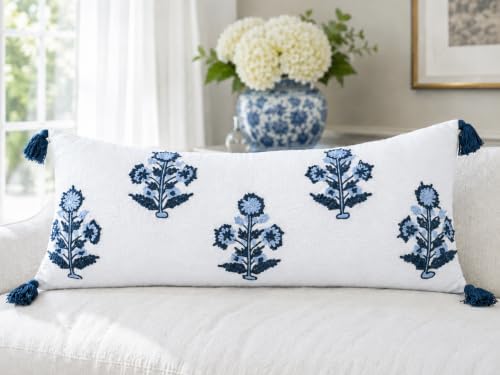 Blue Floral Hand Embroidered 14x36 Lumbar Pillow Cover, Ivory - Image 5