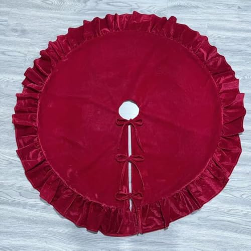 Velvet Christmas Tree Skirt, 60 Inches Red Ruffled Velvet Christmas Tree Skirt,Rustic Vintage Xmas Tree Skirt for Party Decorations - Image 2