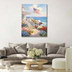 Patriotic Coastal Canvas Wall Art 4th of July American Flag Seaside Cottage Oil Painting USA Flag Ocean Floral Pathway Wall Decor Independence Day Beach House Home Decor 24x36in - Image 2