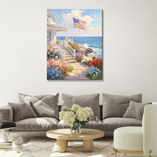 Patriotic Coastal Canvas Wall Art 4th of July American Flag Seaside Cottage Oil Painting USA Flag Ocean Floral Pathway Wall Decor Independence Day Beach House Home Decor 24x36in - Image 2