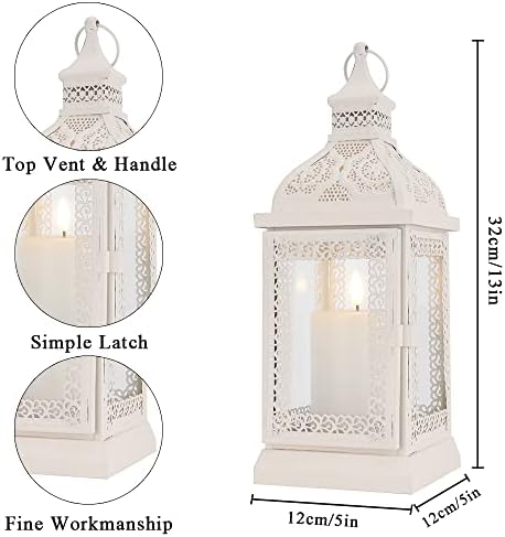 TRIROCKS Rustic Style Metal Candle Lantern 13'' High Decorative Outdoor Lantern Candle Holder with Tempered Glass for Thanksgiving Christmas Living Room Garden Patio Parties Indoors Outdoors (Cream) - Image 5