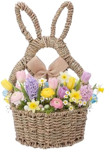Reallnaive 16 x 9.4 x 3.9 Inch Easter Bunny Basket Hand Woven Wicker Rabbit Wreath Basket Hanging Wall Pocket Spring Wreath Decor with White Floral for Front Door Hanging Decoration by Reallnaive