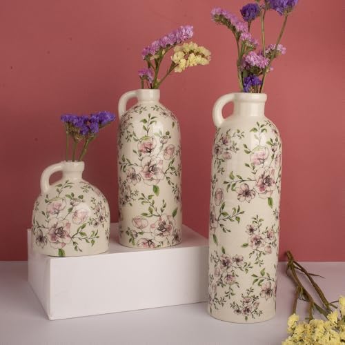 Set of 3 Vintage Floral Ceramic Bottle Vases with Handles - Rustic Crackle Glaze Finish - Decorative Flower Vases for Home Decor, Table Centerpieces, Shelf Display, Boho Farmhouse Decor (3, Ivory) - Image 2