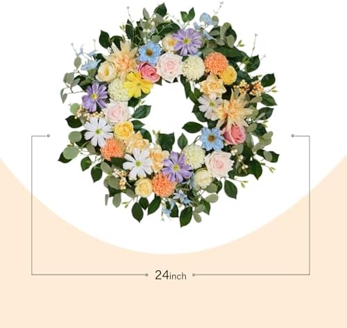 Spring Wreaths for Front Door,Summer Wreath with Rose and Dahlia Flowers,24 Inch Floral Door Wreath for All Seasons Outside Outdoor Indoor Wall Wedding Holiday Home Farmhouse Decor - Image 3